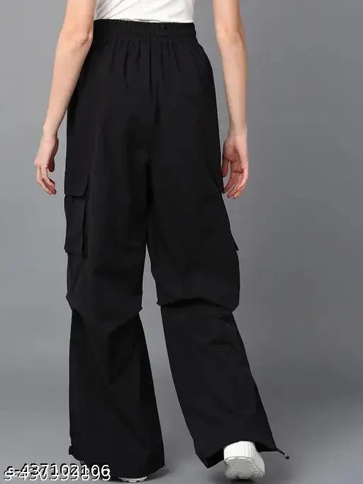 Black cargo pants with side pockets, elastic waistband and drawstring closure