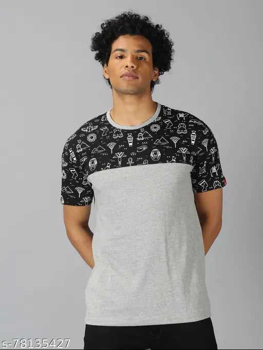 Gray melange colorblocked cotton t-shirt set, short sleeves for men, soft and breathable fabric, available in M & L sizes, India origin