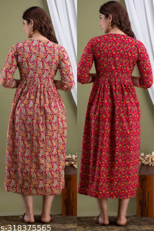 Two-piece cotton maternity dress combo pack with side zip, adjustable pregnancy waist, full skirt design
