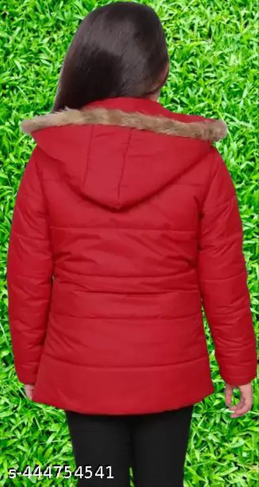 Red puffer jacket with fur-lined hood
