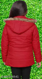 Red puffer jacket with fur-lined hood