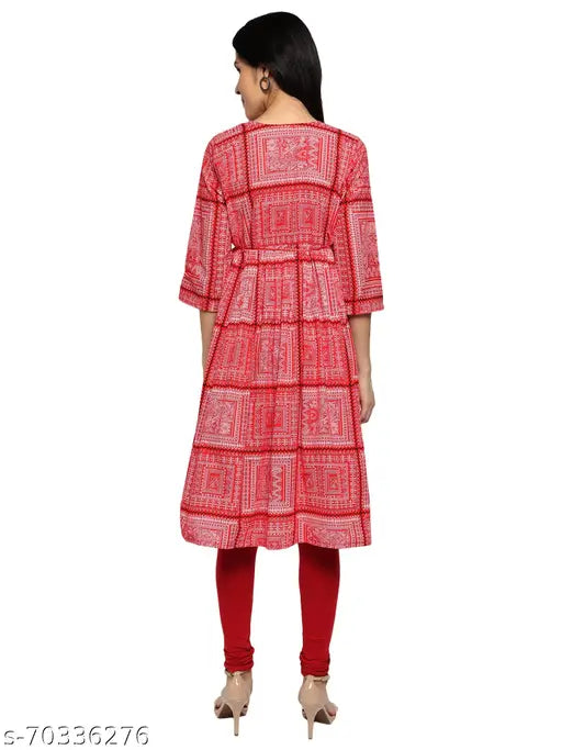 Attractive cotton Anarkali kurtis, printed combo, three-quarter sleeves for women (M: Bust 38in, L: Bust 40in, XL: Bust 42in, XXL: Bust 44in) - Indian fashion trend