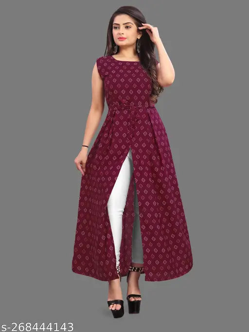 Sleeveless printed crepe kurta for women, vibrant design, India-made, S (36in x 51in), perfect for weddings and fashion