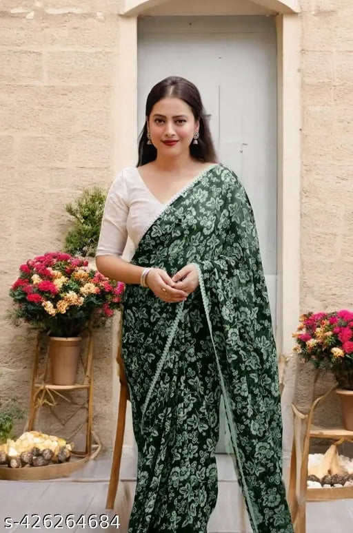Green georgette saree with floral print