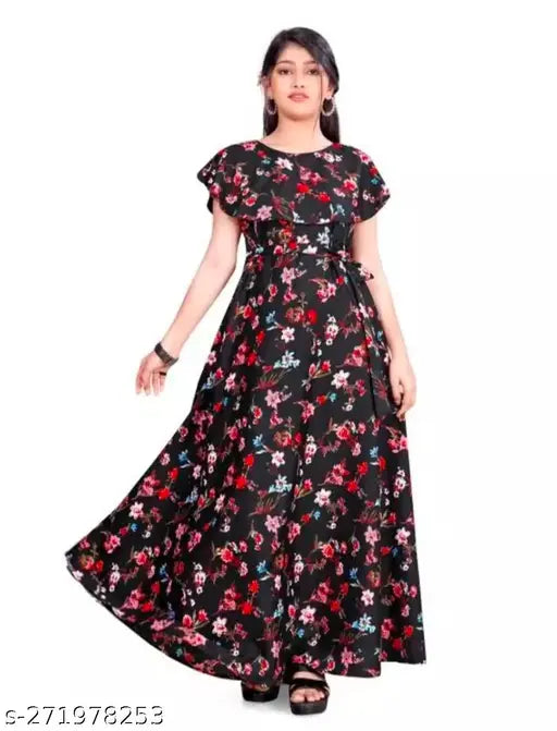 Girl's printed polyester fit and flare gown, ankle length, short sleeves, rose flower pattern, high quality party wear