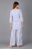 Striped rayon nightsuit with three-quarter sleeves, featuring a self-pattern design. Made in India