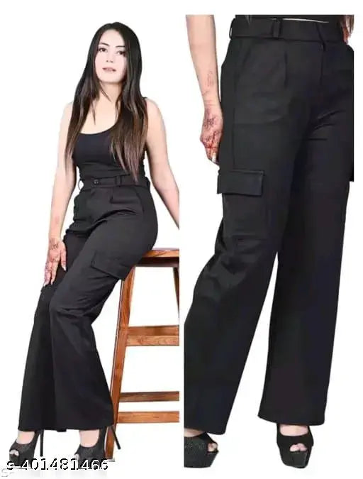 Black cargo pants with pockets, knee-length