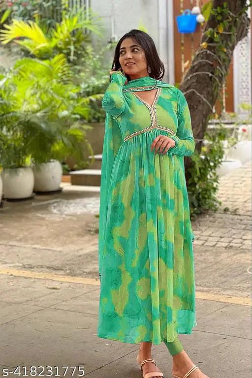 Georgette floral printed gown with dupatta set for women's wedding attire, Indian traditional Anarkali long sleeved dress in multiple sizes