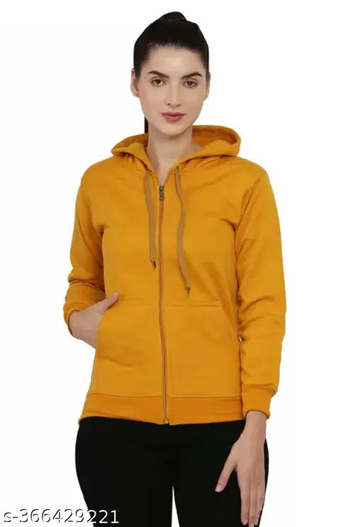 Mustard color cotton blend zipper hoodie sweatshirt, solid design on man wearing in casual setting