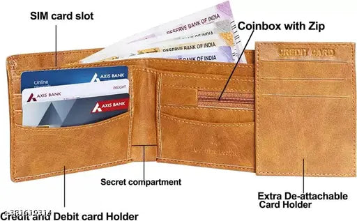 Stylish tan faux leather wallet for men, features 8 card slots, zipper coin box, removable card holder, and 2 cash compartments. Exclusive high-quality lining, perfect gifting solution. Made in India