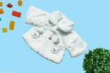 White faux fur coat with plush pom poms for infant, toddler, baby girls