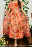 Georgette printed ladies designer one-piece gown, full-lining with short sleeves, available in various sizes from S to 6XL. Indian-made fashion for all shapes and sizes, high-quality garment