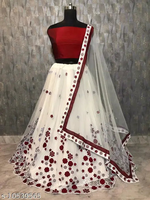 Embroidered silk lehenga set, free size, India-origin, choli and dupatta with net fabric