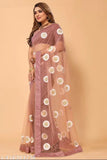 Purple and pink soft net party saree with floral embroidery motii lace blouse