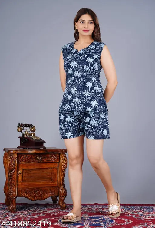 kavya blue night rayon shorts for women - printed short sleeved pyjamas, size S-XXL