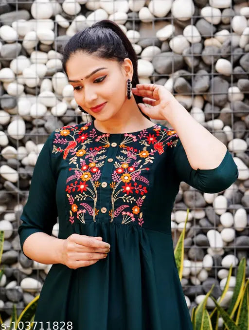 Dark green embroidered Rayon Anarkali kurti for women, intricate Indian embroidery on traditional design
