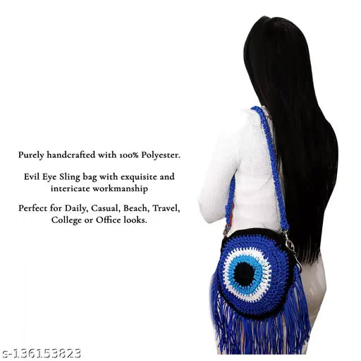 Purple handwoven with tassels evil eye sling bag, blue fringe detail