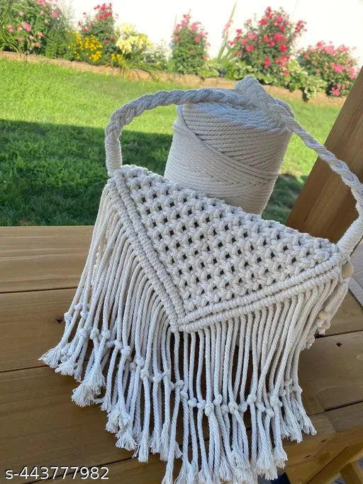 Woven crossbody sling bag, handmade macramé fabric, girls' fashionable accessory