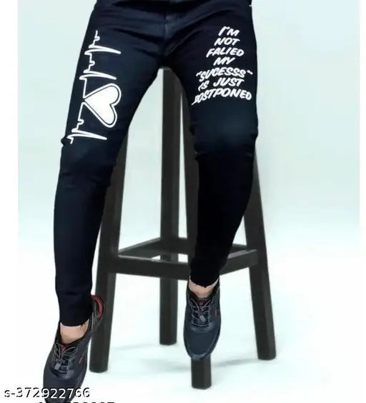 Latest designer white heart denim jeans, men's slim fit with placement print, size 30 (waist 30in, length 40in, hip 32in), India origin