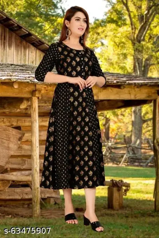 Gold print rayon anarkali kurti, three-quarter sleeve, Indian printed combo for women