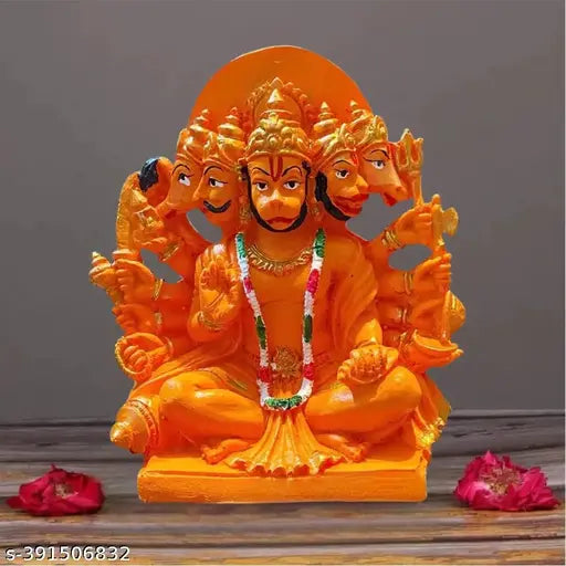Orange resin Panchmukhi Hanuman idol, ideal for Car, Home, Office Vastu decoration or Pooja Temple showpiece gift