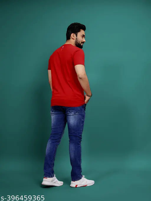 Men's cotton round neck t-shirt, short sleeves, printed design, size M (38in chest, 27in length), Indian origin, affordable quality apparel