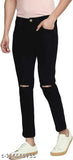 Comfits black denim knee-cut jeans for men, perfect fit and style for any occasion. Solid design, available in sizes 28, 30, 32, 34, 36. Made in India