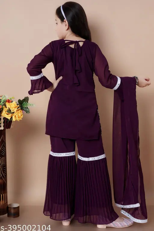 Purple embroidered sequin sharara set with dupatta for kid girls, A-line Georgette top and bottom