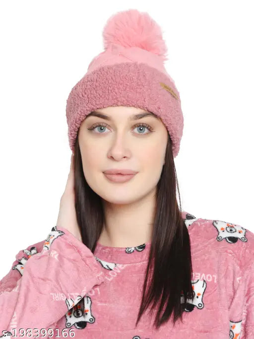 Winter wool beanie, pink fur pom pom, cap style
