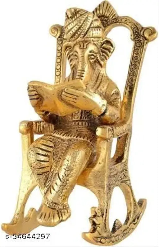 Metal Ganesh study chair sculpture, intricate Indian artwork for home temple, office, gifting - lucky happiness prosperity