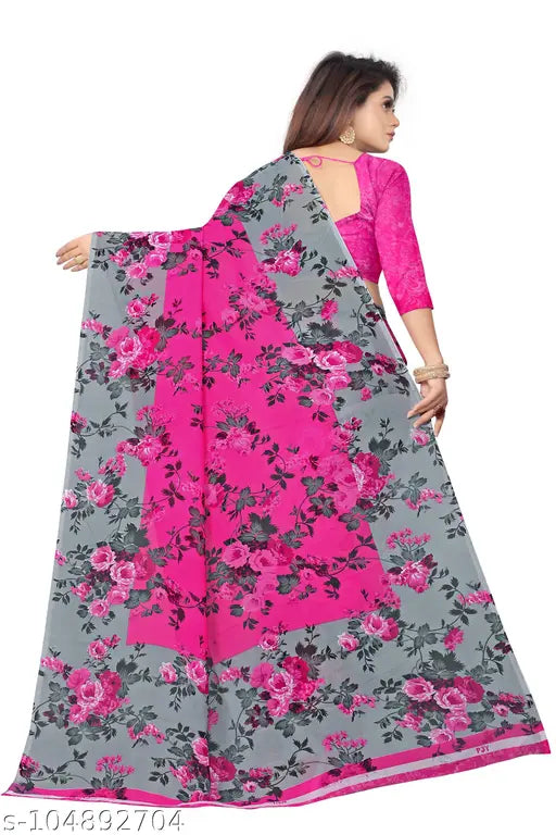 Floral print saree with pink border and pallu