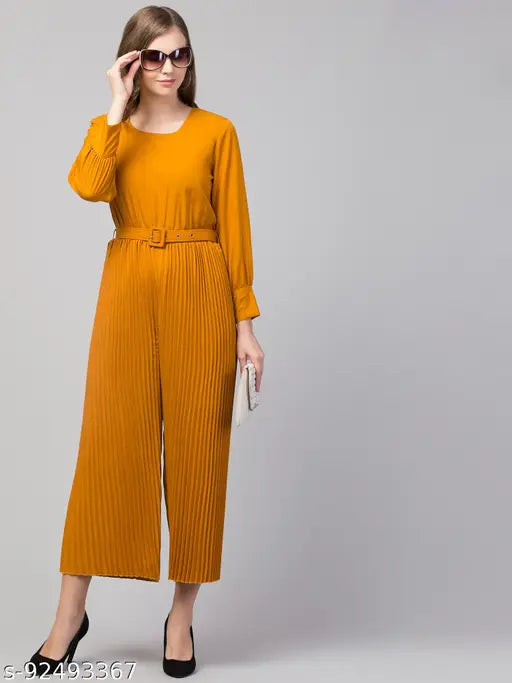 Women's crepe long sleeves solid jumpsuit, gathered & pleated style, India-made