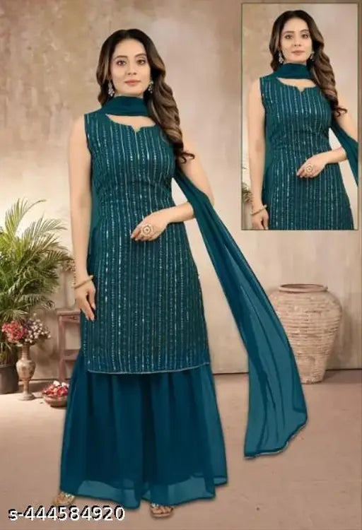 Blue women's georgette embroidered sharara set with dupatta, long sleeves and matching skirt