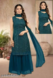 Blue women's georgette embroidered sharara set with dupatta, long sleeves and matching skirt