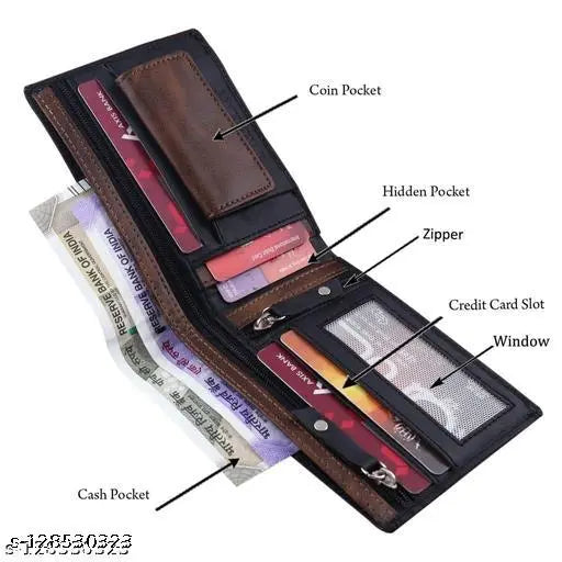 Black faux leather Nefta World men's card and money organizer wallet, striped pattern with 2 compartments. Modern stylish gift for men's essentials storage