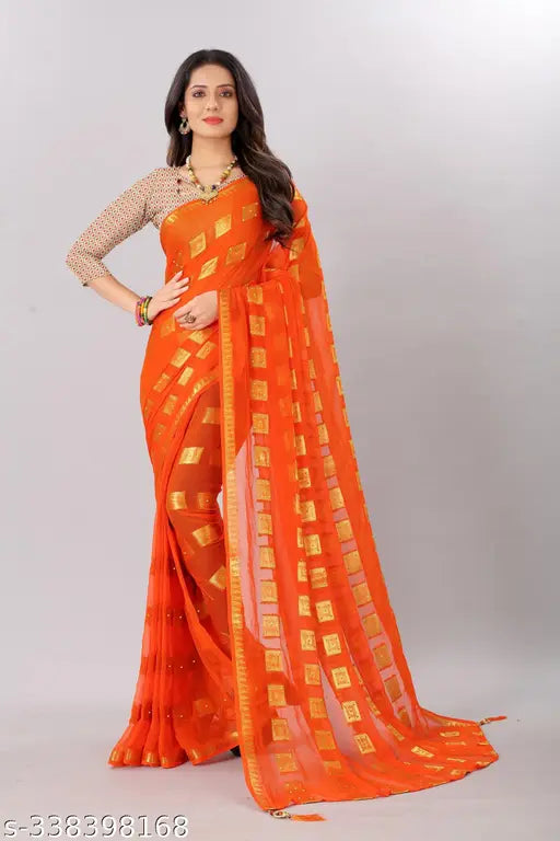 Women's chiffon saree with zari work and separate jacquard blouse, Indian party wear on model