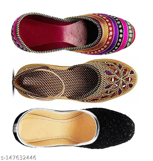 Textile embellished mojari sandals, women's bellies set of 3 pairs, handcrafted from India