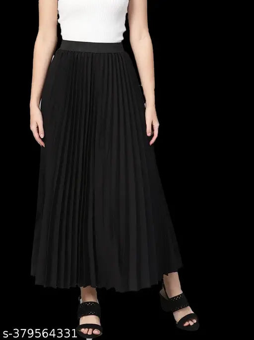 Women's classic stretchy crepe pleated midi skirt, full length, elastic waist, flared hemline - travel-friendly, wrinkle-free, perfect for Indian women sizes 28-Free Size