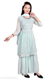 Sky Blue Georgette Sharara Set, embellished A-line top with three-quarter sleeves and matching dupatta, traditional-meets-modern outfit for festive celebrations or weddings, designed for girls aged 4-12 years. India origin