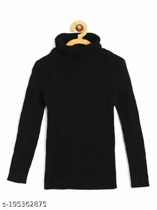 Black cotton blend high neck sweater for babies - Self-design net pattern, long sleeves