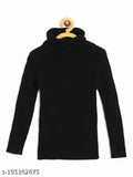 Black cotton blend high neck sweater for babies - Self-design net pattern, long sleeves