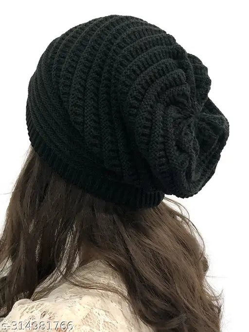 Black knitted wool beanie for women, casual winter hat