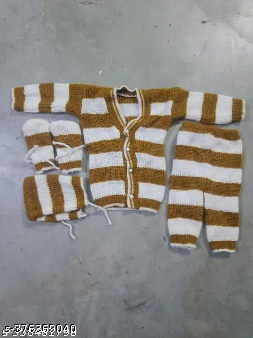 Wool striped winter sweater set (4 pieces: sweater, pyjama, cap, booties) for babies, Indian-made