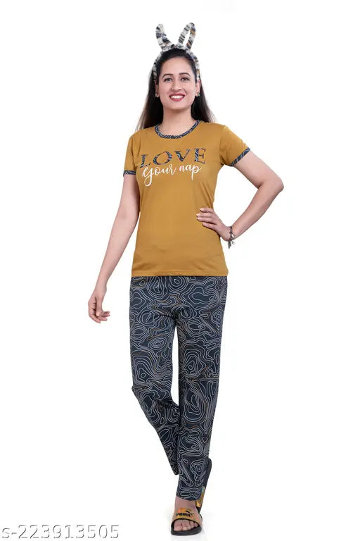 Oak Valley Women's cotton lounge wear night suit set with printed pattern, full pair for women's night dress