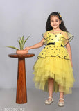 Yellow layered hi-low party dress for kids, embellished net fabric, short sleeves, sizes from 1-2 to 9-10 years, India origin