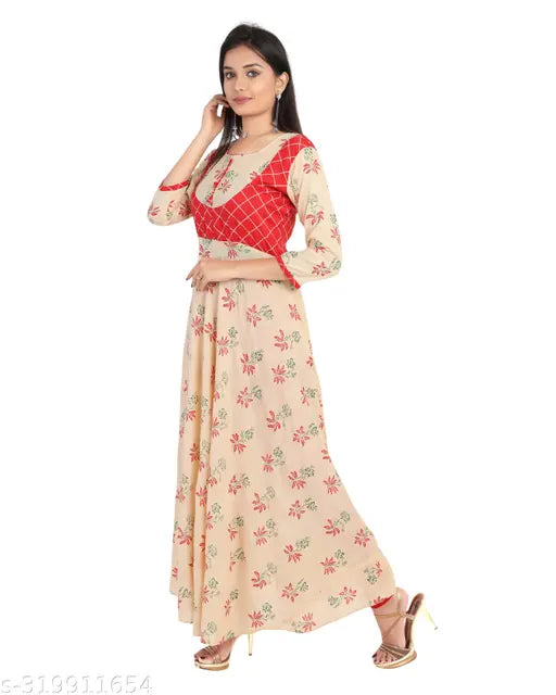 Long, beige anarkali style kurta with floral print