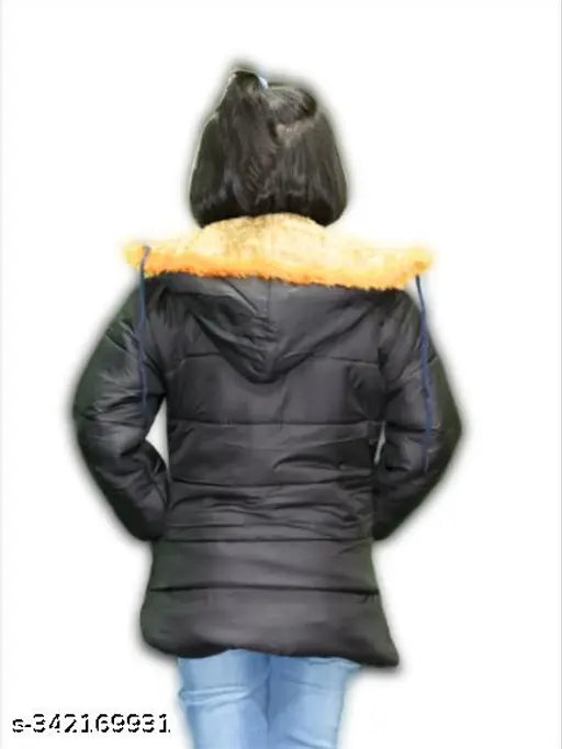 A toddler's winter jacket with a hood, likely black or dark grey with yellow trim