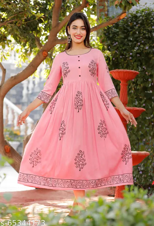 Peach & Black Block Print Anarkali Kurti for Women - Cotton, three-quarter sleeves, long length, Indian design