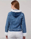 Denim blue jacket, long sleeves, solid design, size S (bust 36in, length 20in), made in India
