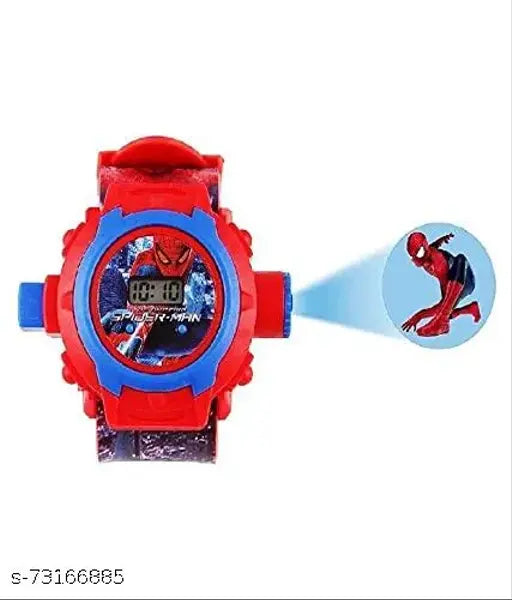 Digital watch with Spiderman design, blue and red strap, white digital face